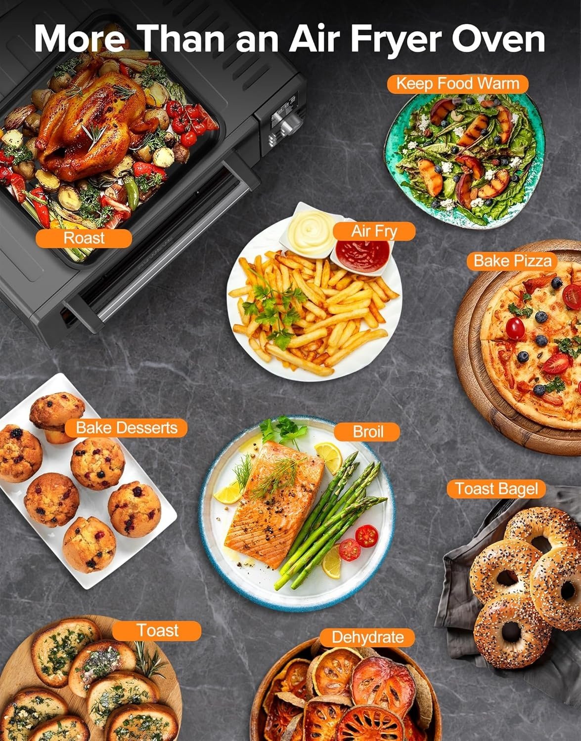 21QT 10-in-1 Air Fryer Toaster Oven Combo, 1800W Ultra-Fast Convection, 50-450°F, PFAS-Free Accessories, Adjustable Heat Zones, Black