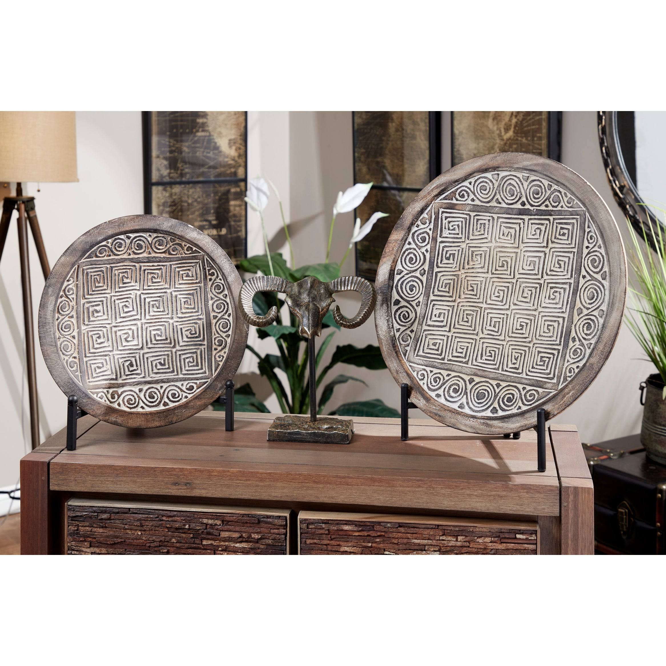 Harper u0026 Willow Eclectic Hand-Carved Brown u0026 White Wood Wall Decor with Tribal Design, Set of 2, 28429