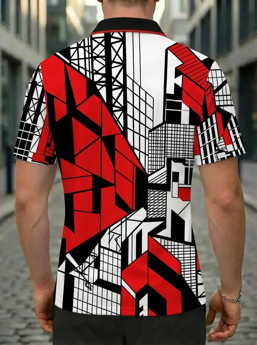 Moisture Wicking Golf Polo 3D Red Black White Modern Cityscape Button Short Sleeve Golf Polo Shirt