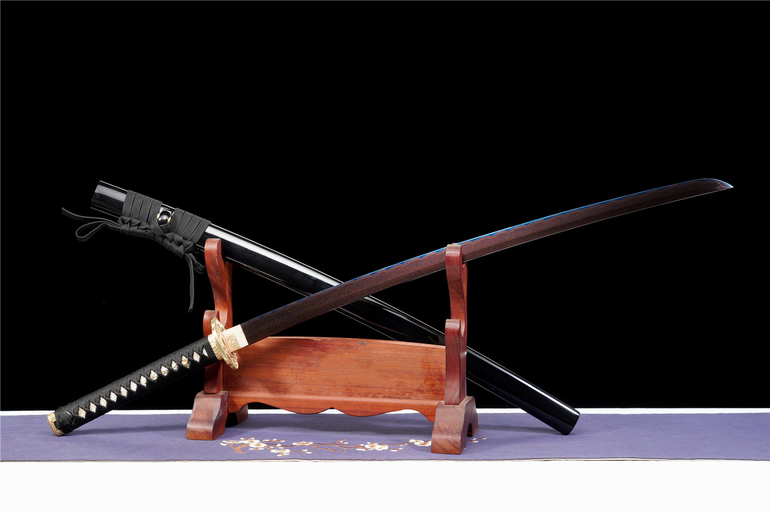Handmade Katana Damascus Sanmai Blue Blade Phoenix Tail Copper Tsuba Full Tang