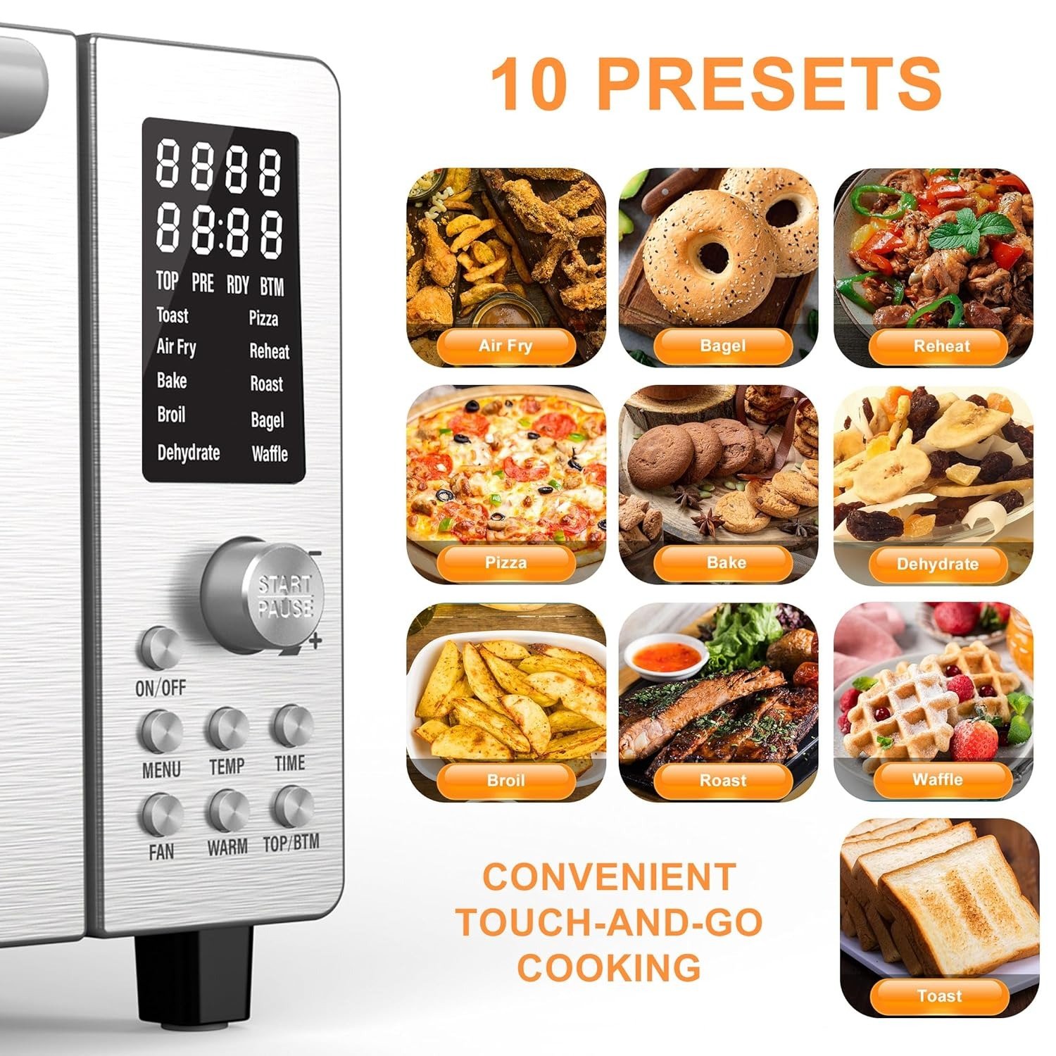 21QT 10-in-1 Air Fryer Toaster Oven, 1800W Convection, 50-450°F, 0-100% Top/Bottom Heat Adjust, PFAS-Free, Brushed Stainless Steel