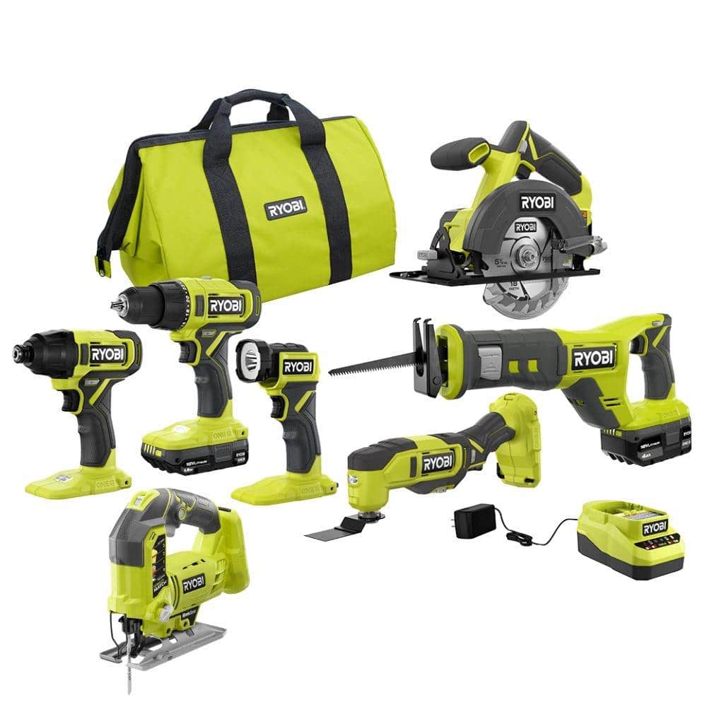2026 RYOBI ONE+ 18V Cordless 6-Tool Combo Kit with 1.5 Ah Battery, 4.0 Ah Battery, Charger with Jig Saw PCL1600K2-P5231 28324924