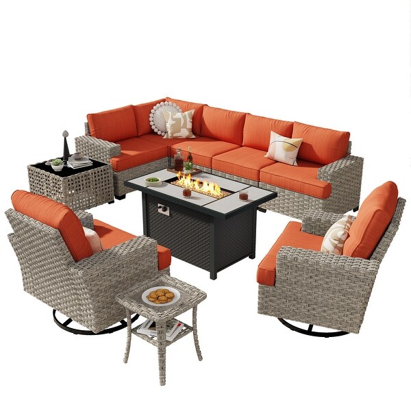 OVIOS 10 Pieces T shaped Seat Wide Armrest Swivel Chair Set With SolarPowered TableandFire Pit