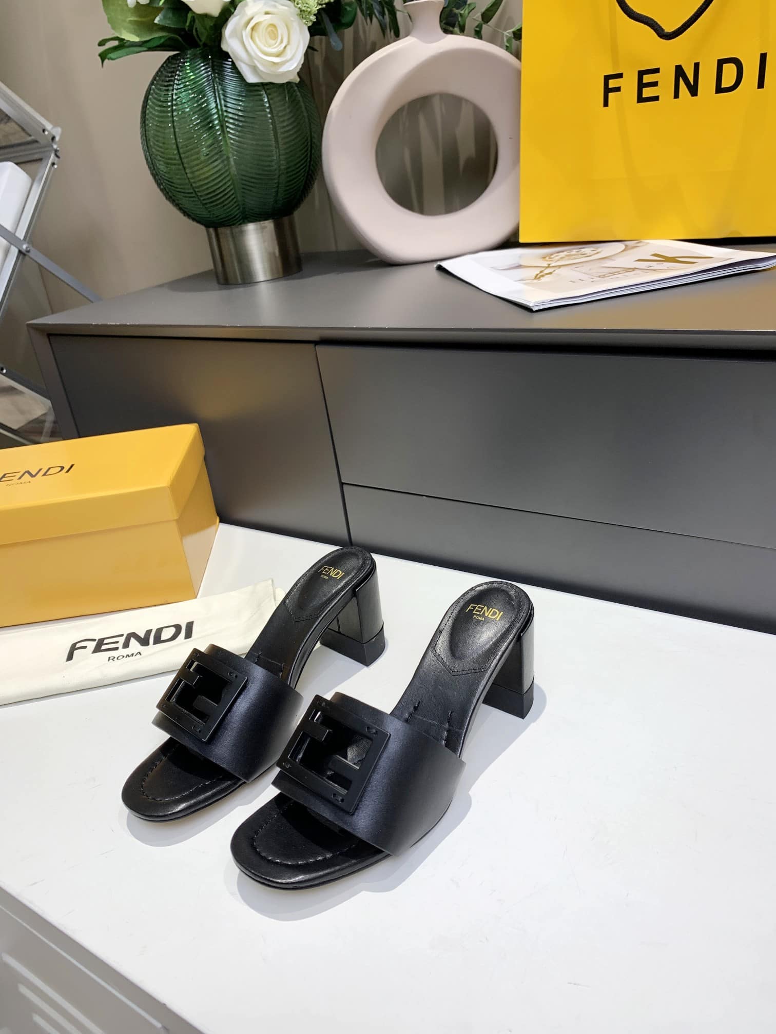 Fendi Signature Leather High Heel Black