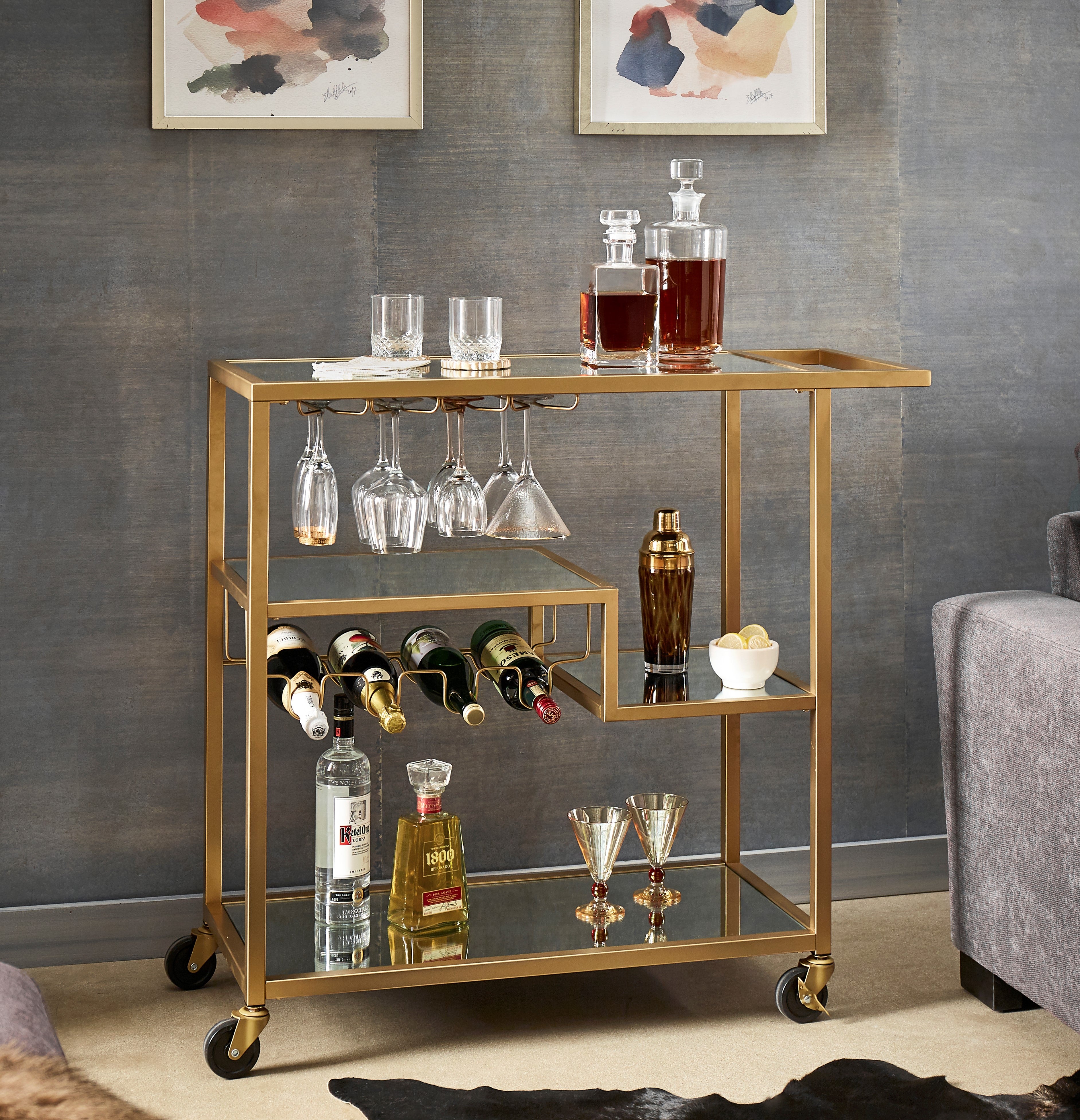 Chelsea Lane Champagne Gold Mirror Glass Metal Bar Cart