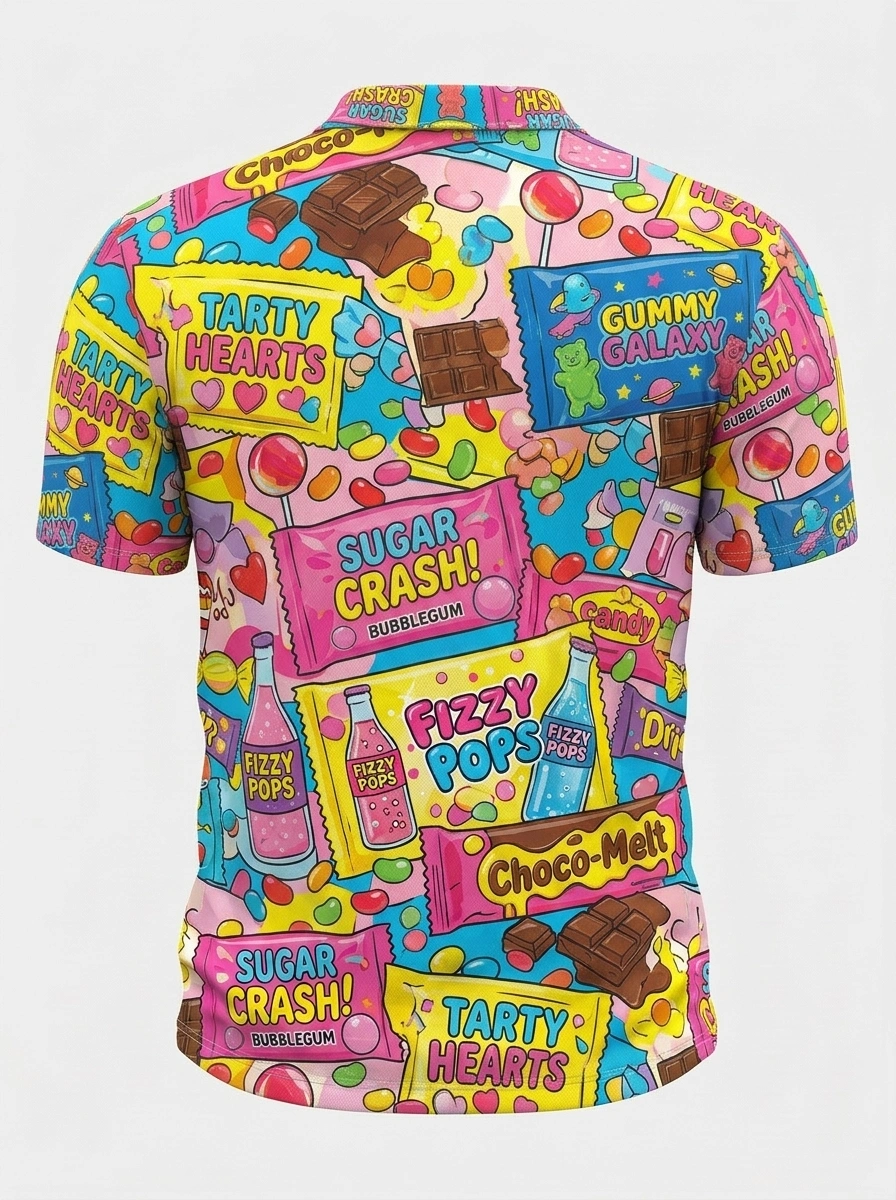 Moisture Wicking Golf Polo 3D Multicolor Candy Snack Pattern Button Short Sleeve Golf Polo Shirt