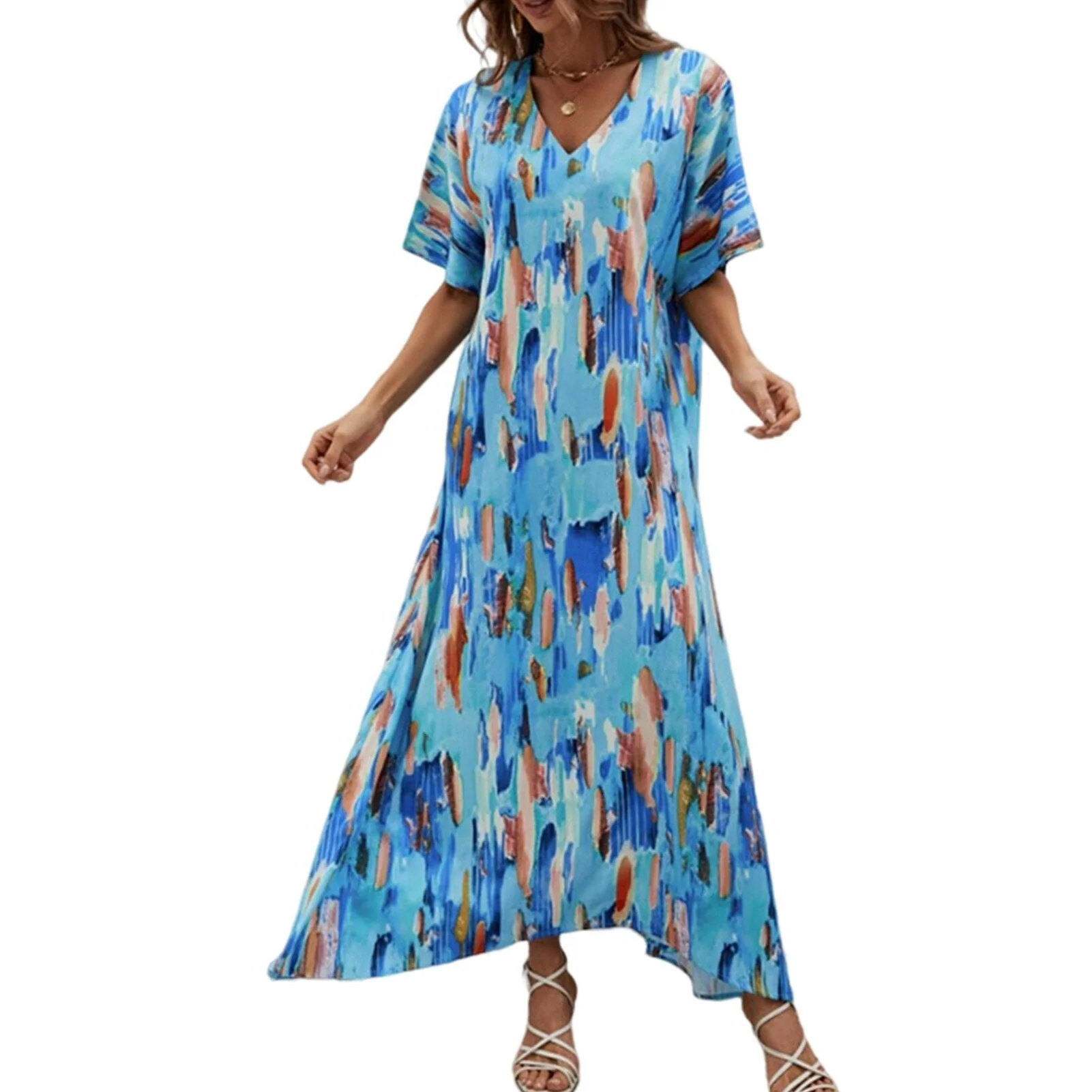 Boho Maxi Dress Abstract Print V-Neck Short SleeveClistos