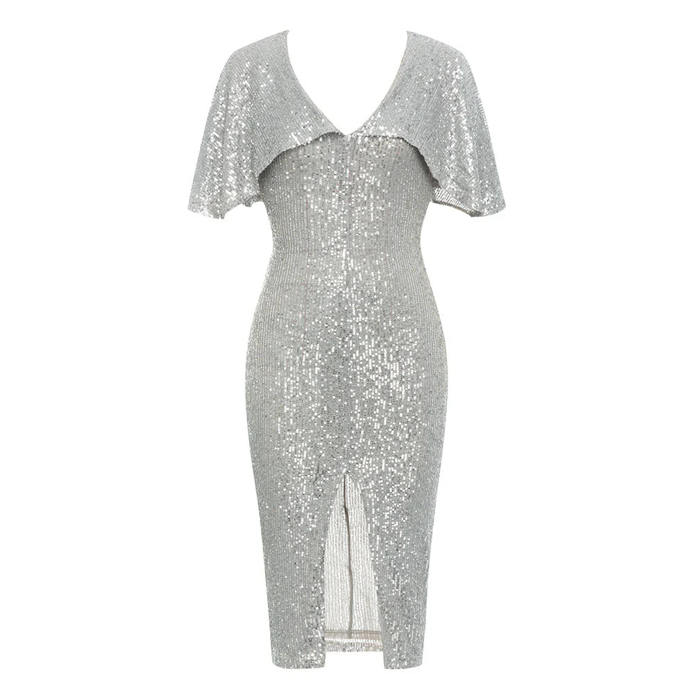 Sequin Party Dress | V-Neck Split MidiClistos