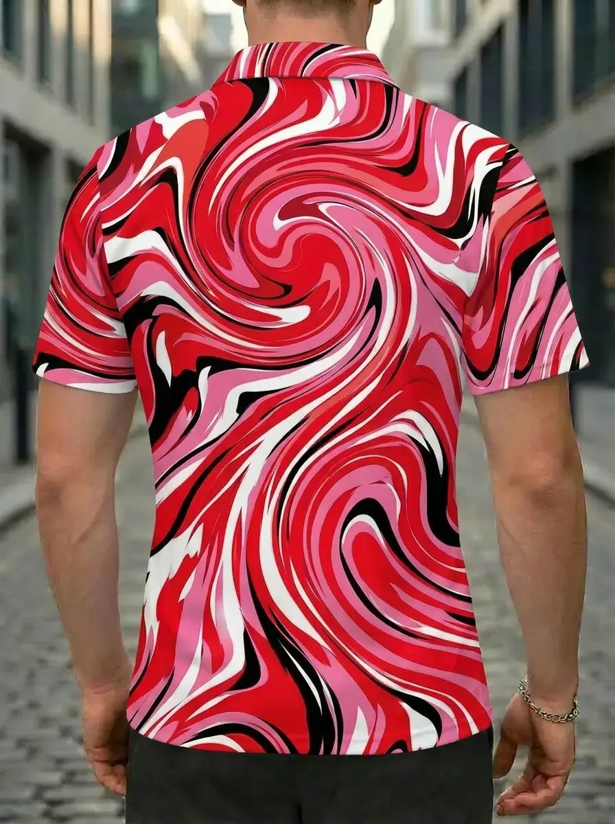 Moisture Wicking Golf Polo 3D Red Pink White Swirl Marble Button Short Sleeve Golf Polo Shirt