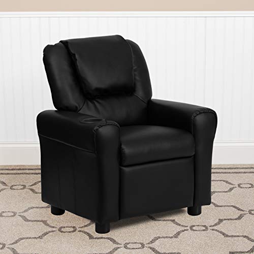 EMMA + OLIVER Beige Vinyl Kids Recliner with Cup Holder and Headrest