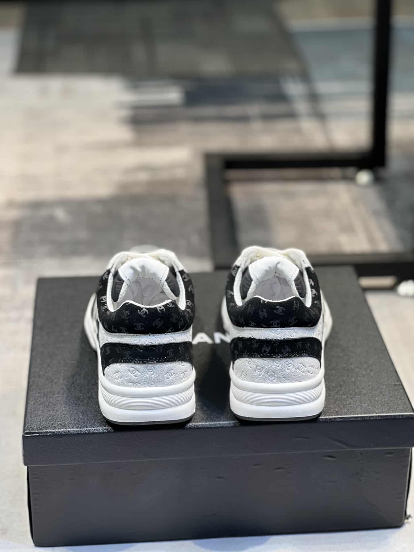 Chanel Cc Embossed Logo Suede Black White