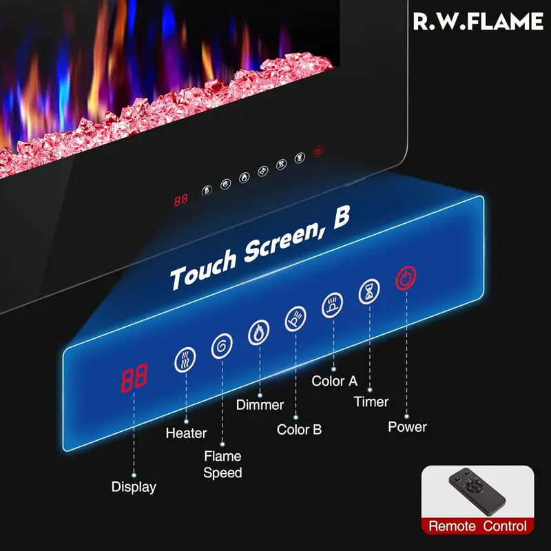 R.W. FLAME 60″ Recessed Electric Fireplace – Wall-Mounted Low-Noise Heater with Touch Screen, Flame Customization & Remote Timer