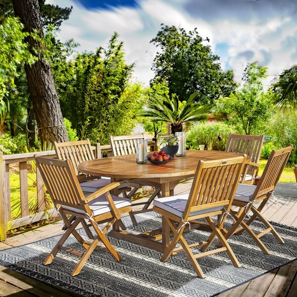 Seven Seas Teak 7 Piece Teak Wood San Diego Patio Dining Set with Round to Oval Extension Table,2 Arm Chairs and 4 Side Chairs