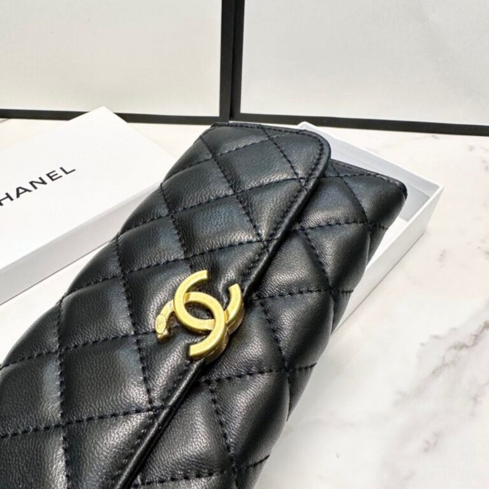 Chanel Cc Logo Long Flap Wallet Gold Black 7.5 Inches