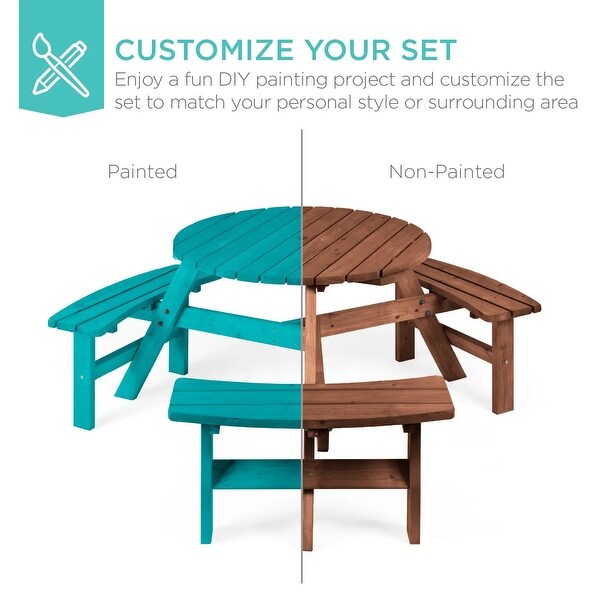 6Person Circular Wooden Picnic Table w/ Umbrella Hole,3 Benches