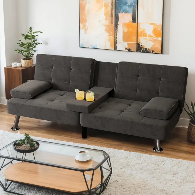 Shahoo Linen Upholstered Folding Futon – Modern Sofa Bed with Detachable Armrests