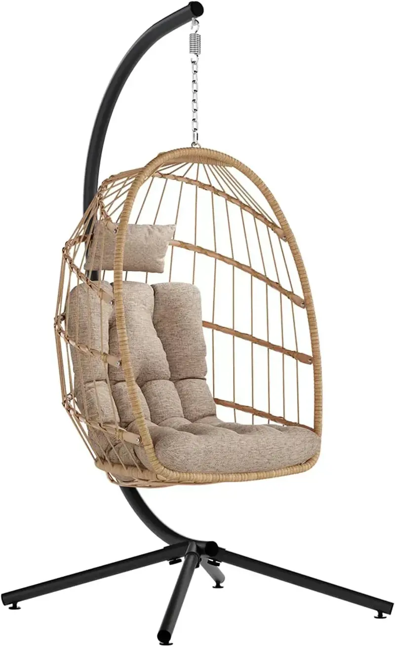 SWITTE Indoor-Outdoor Wicker Egg Chair – Suspended Swing Design with Stand and Removable Cushion
