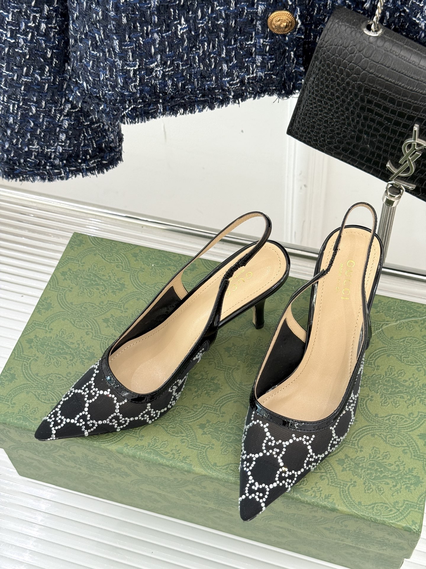 Gucci Rhinestone Mesh Pointed-Toe Open-Back Sandals - cnluxepick