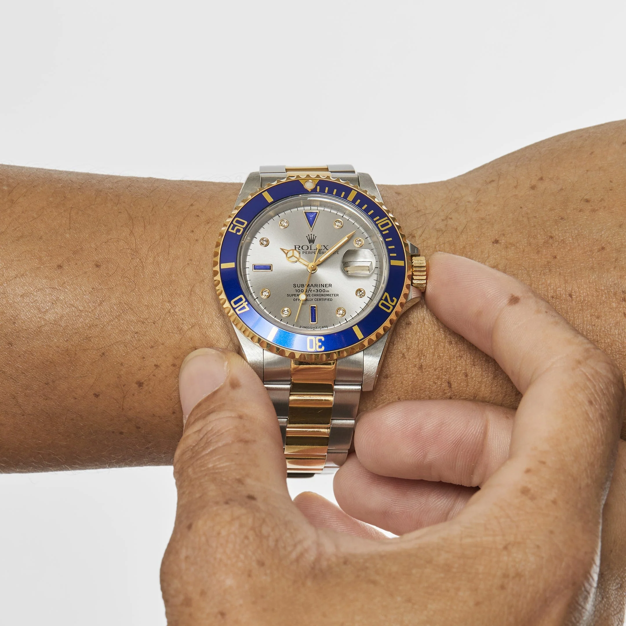 Rolex Submariner 16613 Stainless Steel Yellow Gold Serti Slate Diamond Sapphire Dial