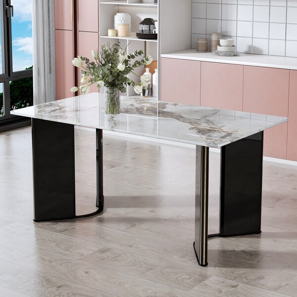 Modern minimalist rectangular dining table,white imitation marble tabletop,MDF table legs with gold metal decorative strips