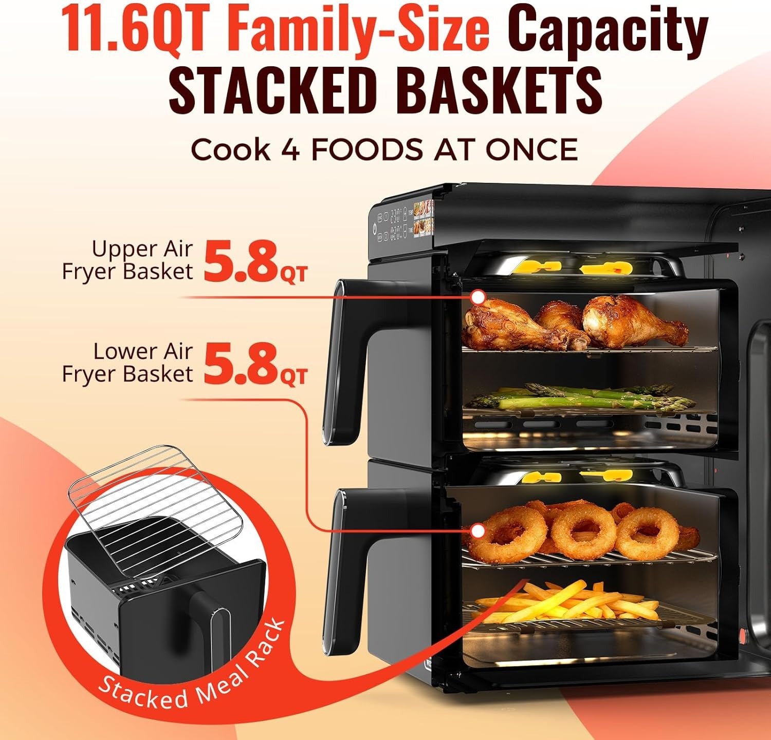 11.6QT Dual Vertical Air Fryer Sync Match 6 Presets Nonstick Dishwasher Safe 1600W Black