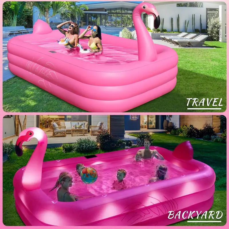 Solar-Powered Flamingo Inflatable Pool – 105″ x 65″ x 25″ LED-Lit, Thickened Kiddie & Adult Backyard Splash Pool