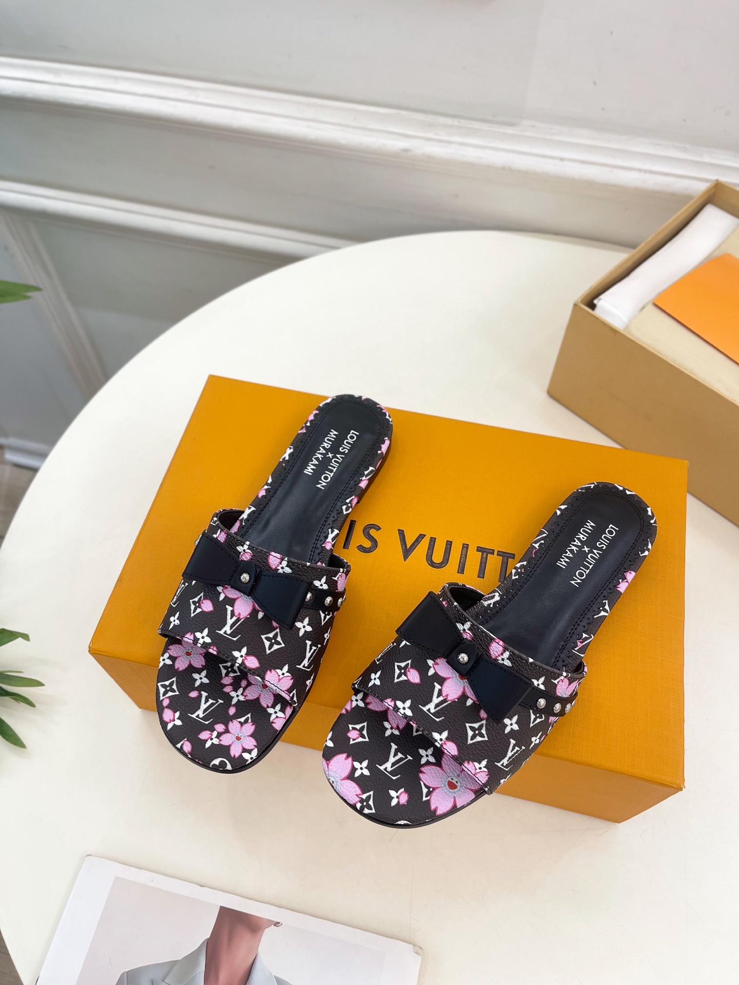 Louis Vuitton x Takashi Murakami Cherry Blossom Flat Slide Black Monogram with Bow