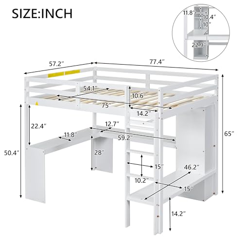 Harper & Bright Designs Full Size Loft Bed with L-Shaped Desk, Wardrobe and Storage Shelves, Wood Loft Bed Frame with Bookshelf, for Kids Teens Adults - White