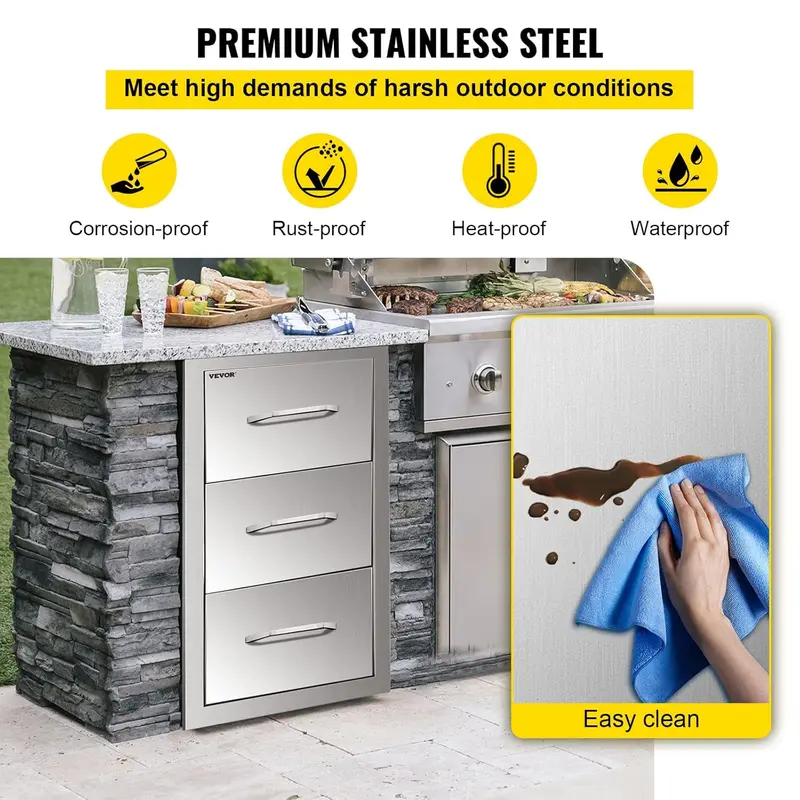 Stainless Steel Outdoor Kitchen Triple Drawer Unit — Flush-Mount 14″W × 20.3″H × 23″D BBQ Cabinet with Premium Handle