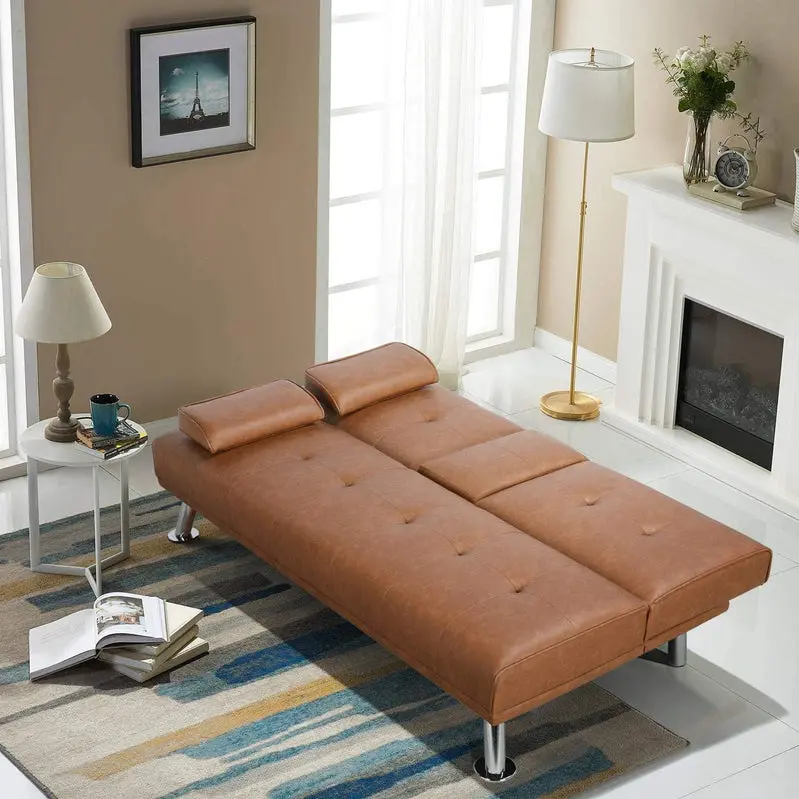 Yaheetech Convertible Sofa Bed – Adjustable Faux Leather Recliner with Removable Armrests, Cup Holders, 3-Position Settings & 772 lb Weight Limit