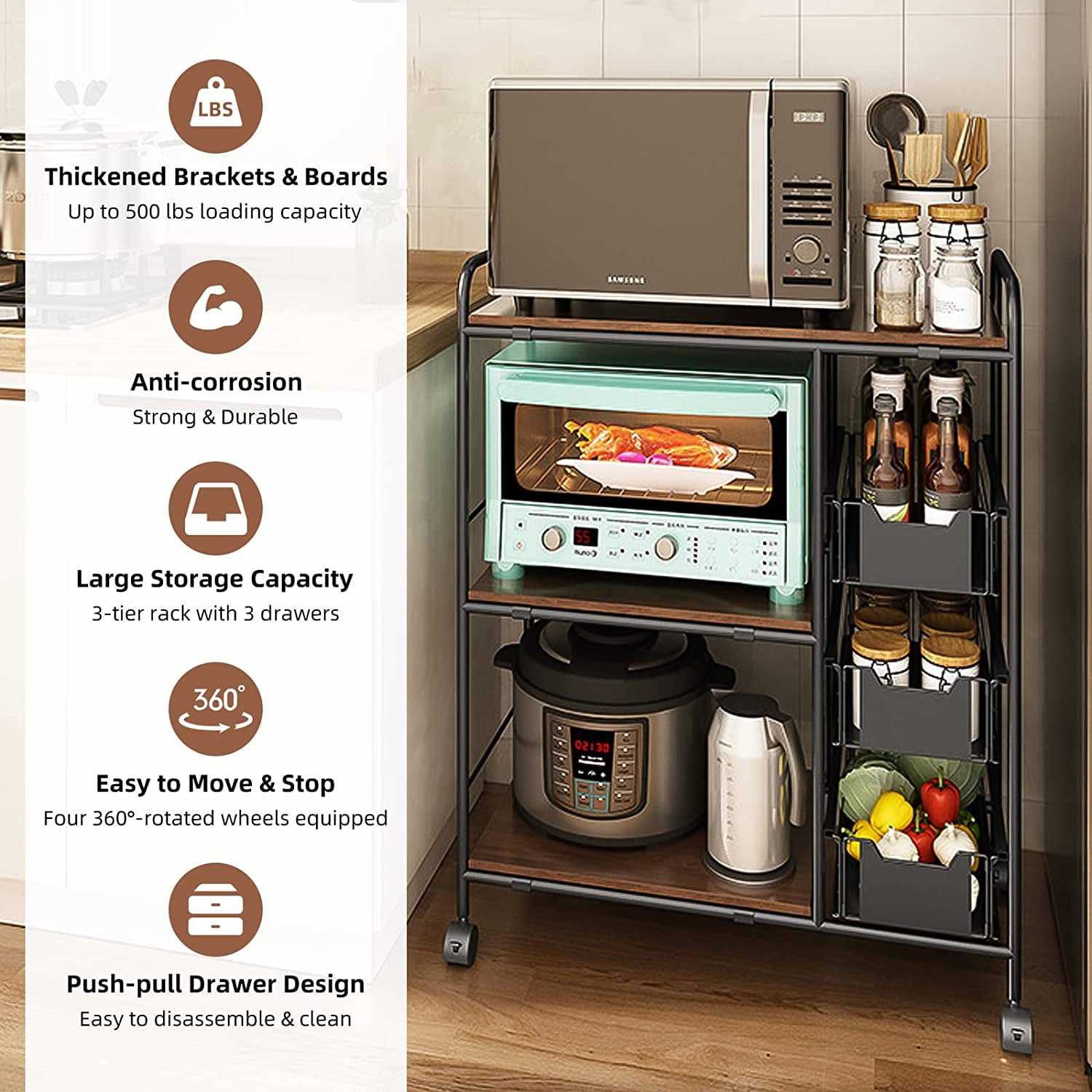KnightCraft Microwave Cart with 3 Shelves and 3 Drawers, Rustic Brown