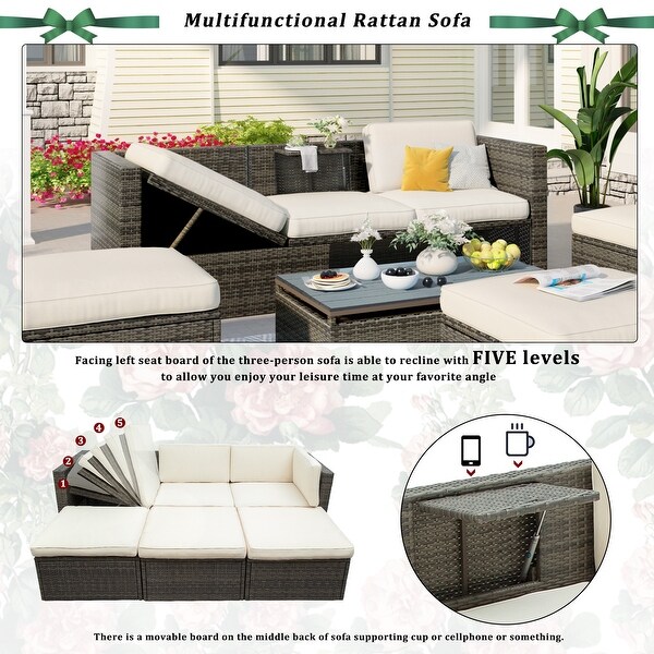 Roomfitters Patio Furniture Set,5Piece Wicker Sofa with Adjustable Backrest,Cushions,Ottomans,LiftTop Coffee Table