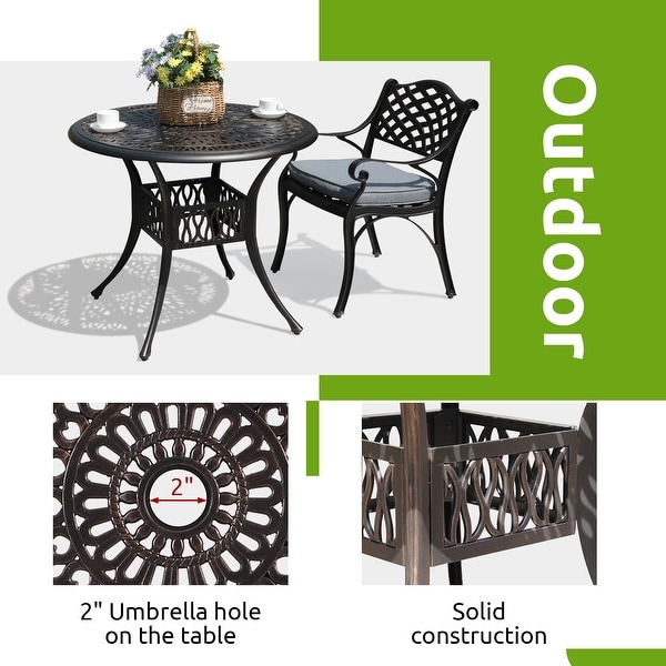 Patio Aluminum 3Piece Bistro set Cushioned Armchair and Table with Umbrella Hole