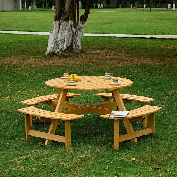 Outdoor 8 Person Picnic Table,8 person Round Picnic Table with 4 Builtin Benches,Umbrella Hole
