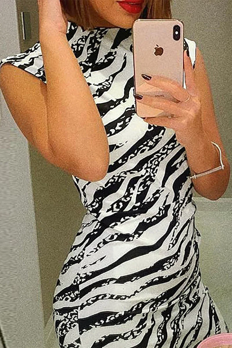 Striped Mock Neck Bodycon Midi DressClistos