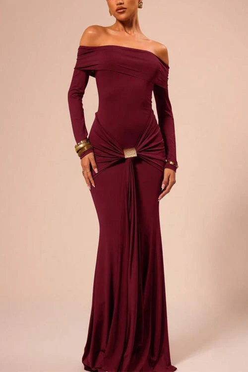 Off Shoulder Knot Front Bodycon Maxi DressClistos