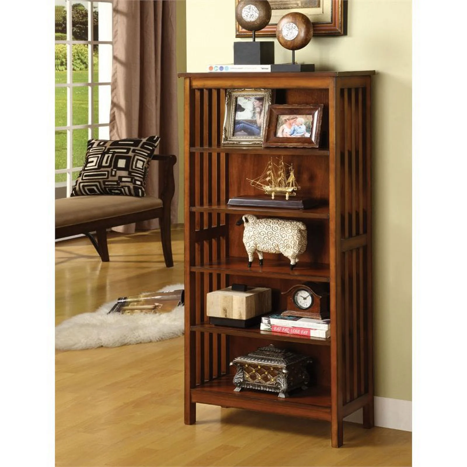 Furniture of America Davis 2-Piece Antique Oak Wood Shelf and End Table Set