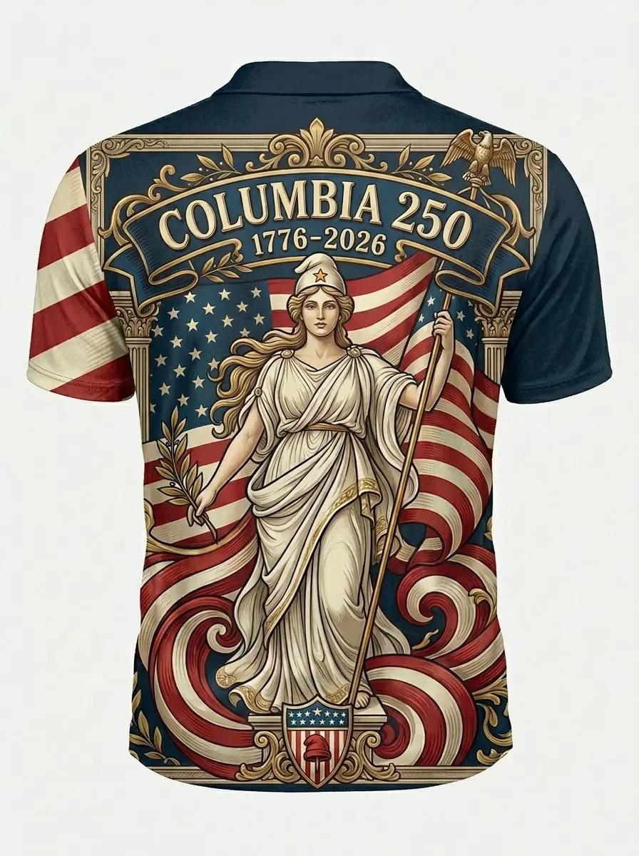 Moisture Wicking Golf Polo 3D Columbia 250 Lady Liberty Flag Button Short Sleeve Golf Polo Shirt