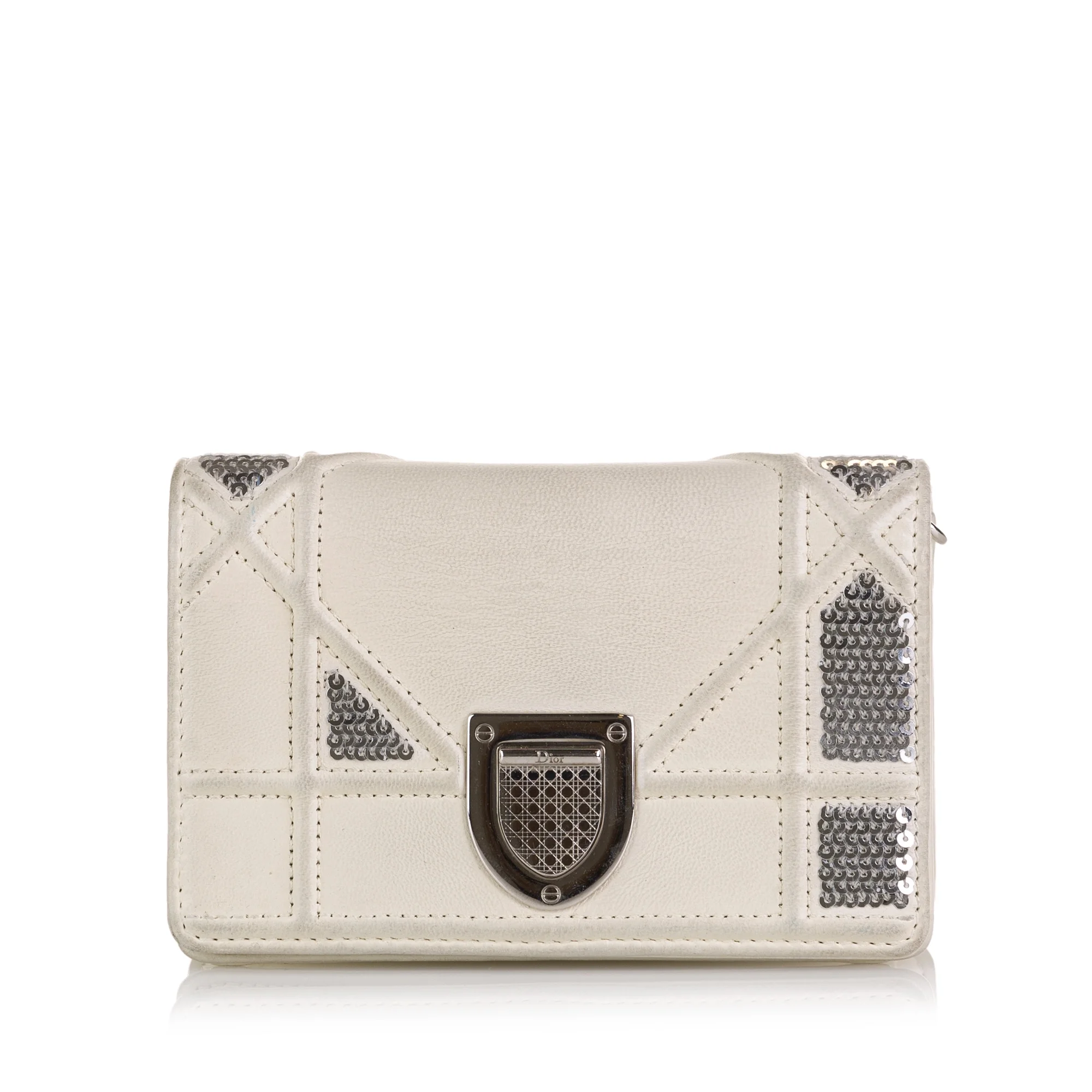 Pre-Owned Authenticated Dior Mini Diorama Sequin Flap Calf Leather White Crossbody Bag Unisex (Like New)