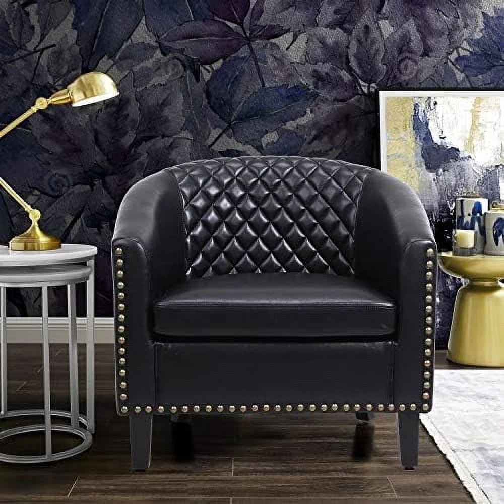 HOOMHIBIU Classic Brown Leather Upholstered Accent Arm Chair Soft Barrel Club Chairs for Living Room Comfy Single Sofa Office Guest Chatting Chair with Solid Wood Legs and Nailhead for Be