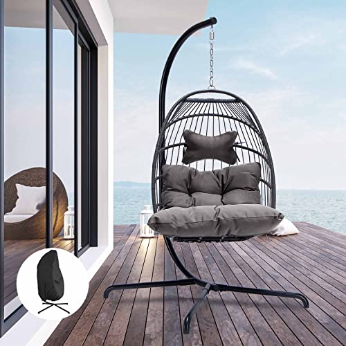 NICESOUL Egg Chair No Stand Outdoor Indoor, 350lbs Capacity Sturdy Patio Wicker Swing Hanging Chair, Hammock Egg Ceiling/Tree Chairs with Cushions for Bedroom Porch Deck Balcony, Gray Without Stand