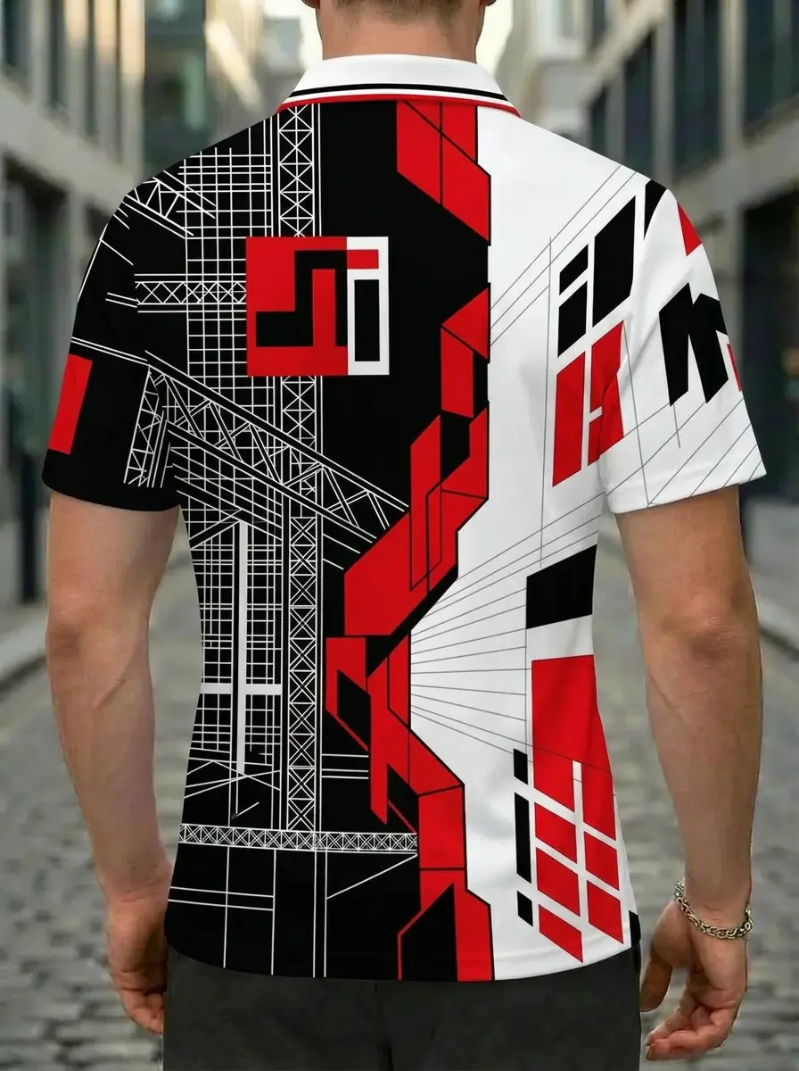 Moisture Wicking Golf Polo 3D Red Black White Geometric Architecture Button Short Sleeve Golf Polo Shirt