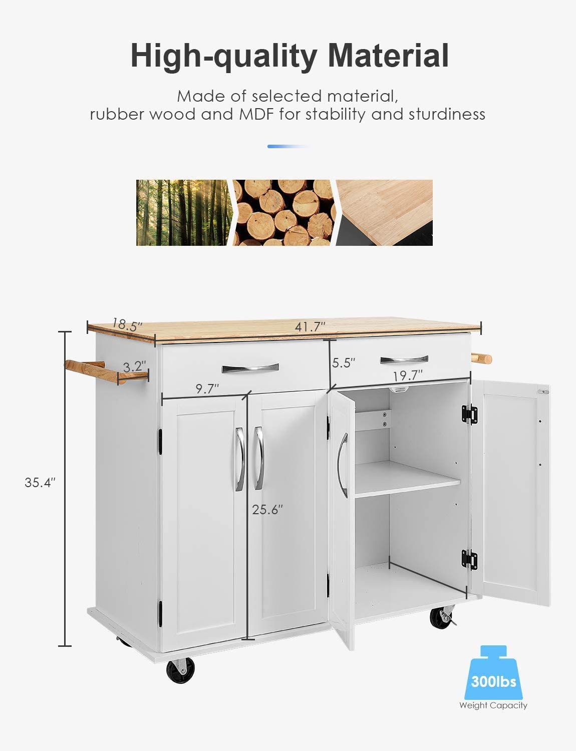 CINAK Rolling Kitchen Island Cart with Storage, Kitchen Island on Wheels, Handle Rack Rubber Wood Top Cabinet, Ivory White, 48.2L x 18.5W x 35.4H