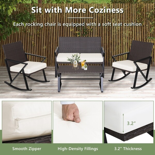 4PCS Patio Rattan Wicker Rocking Chairs Loveseat Table Rocker