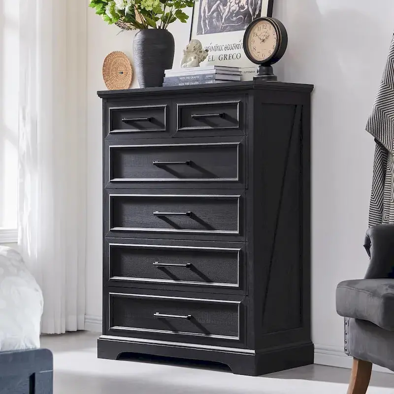 Rustic Farmhouse Dresser – 6-Drawer Wooden Chest with Distressed Wood Finish