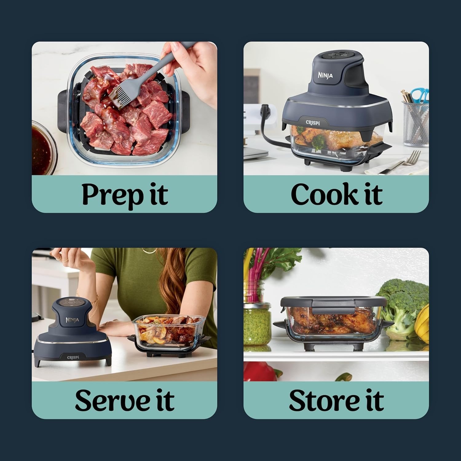 4-in-1 Glass Air Fryer | 450°F | Non-Toxic | 4QT & 6-Cup Glass Containers w/Lids | Microwave, Freezer, Dishwasher Safe | Max Crisp, Air Fry, Bake, Recrisp | Cyberspace Gray