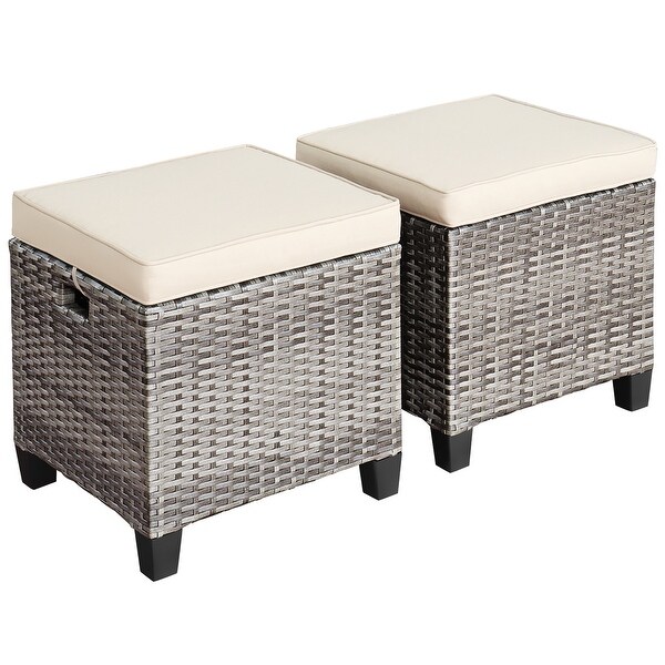 Costway 2PCS Patio Rattan Cushioned Ottoman Seat Foot Rest Table