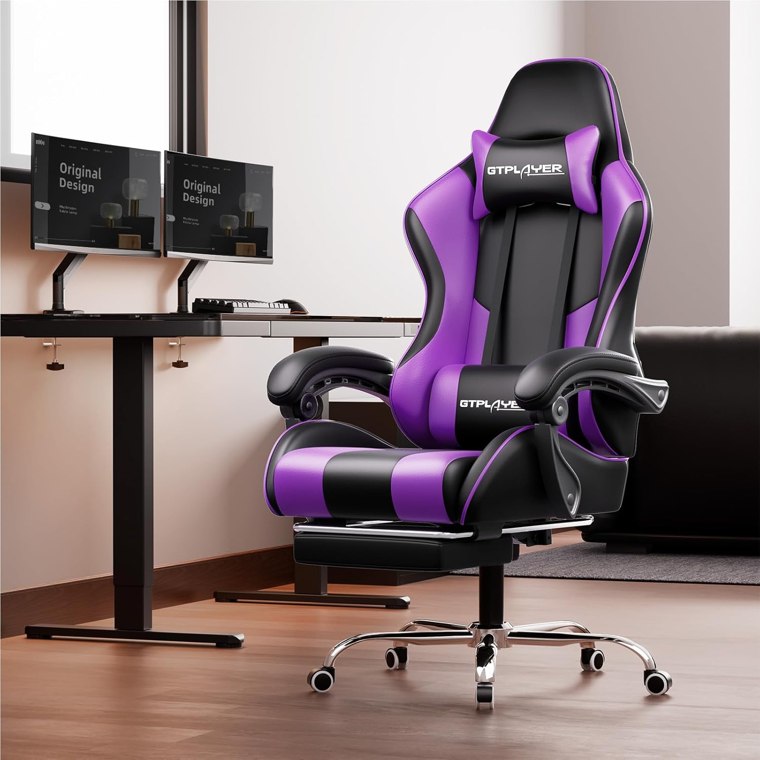 GTPLAYER Gaming Chair with Footrest and Lumbar Support – Ergonomic Computer Chair with Headrest, 360° Swivel, Height Adjustable, White
