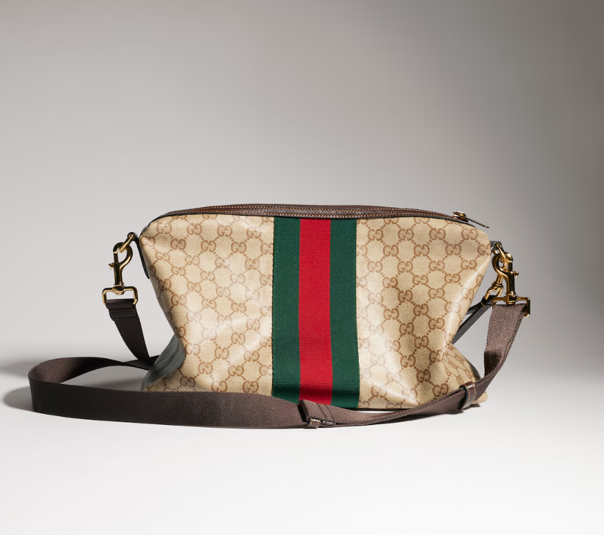GUCCI Medium GG crossbody bag with Web sand and brown GG canvas