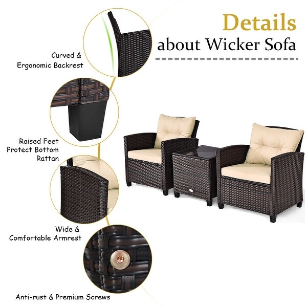 Costway 3PCS Patio Rattan Furniture Set Cushioned Conversation Set